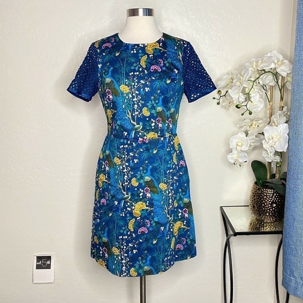Oasis V&A Peacock Blue Lace Sleeved Shift Dress